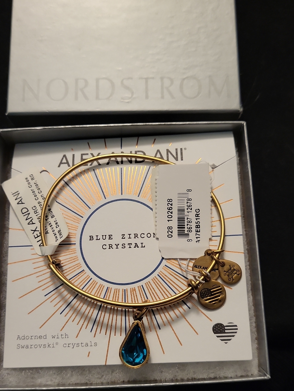 Alex and Ani Gold Bracelet with Blue Teardrop Crystal Charm NWT